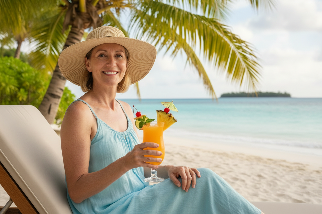 Woman drinking tropical elevate hydration +creatine