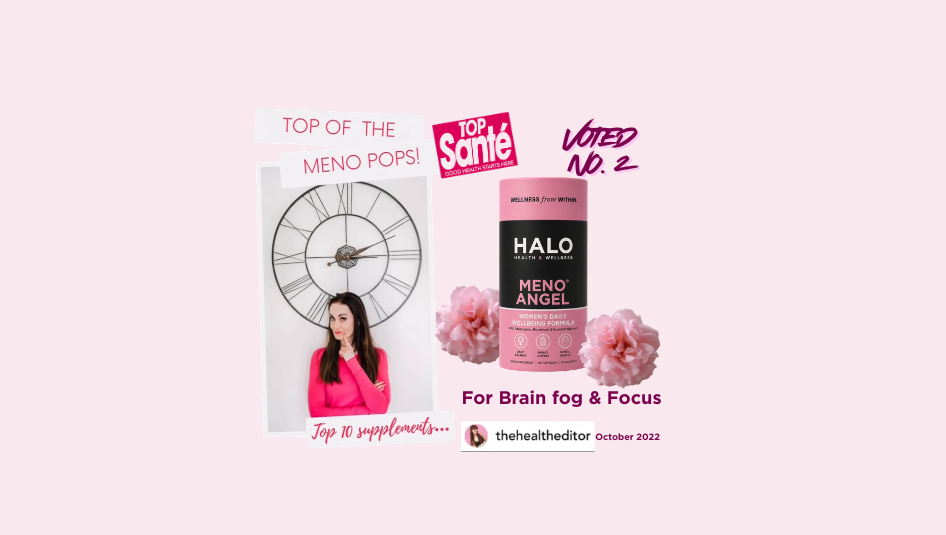 A promotional graphic for the HALO Meno Angel brain fog and focus supplement. The image features a pink bottle of the supplement, pink roses, and a woman in a pink top next to a white clock graphic, with text overlays including 'TOP OF THE MENO POPS!', 'VOTED NO.