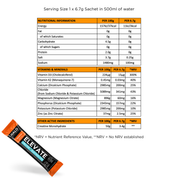 A nutrition information table for an ELEVATE Tropical sachet, shown alongside a diagonal pack shot of the product on a white background.
