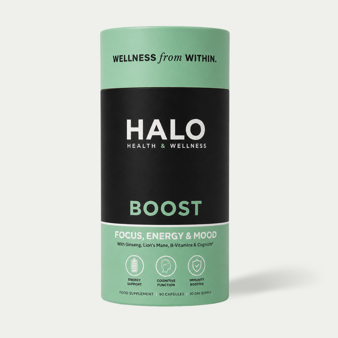 Halo Health & Wellness supplement container on a white background