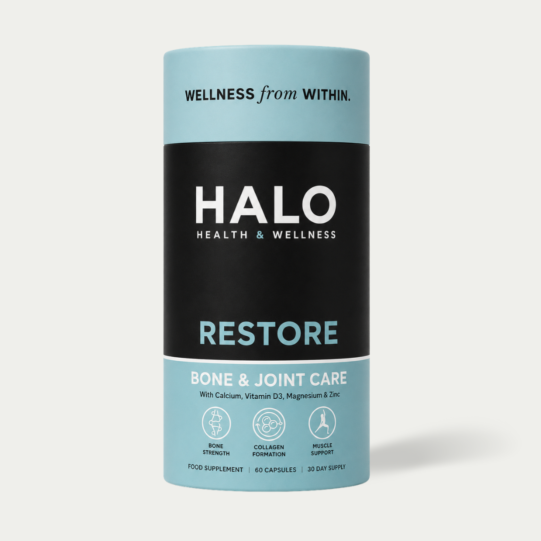 Halo Health & Wellness supplement container on a light gray background