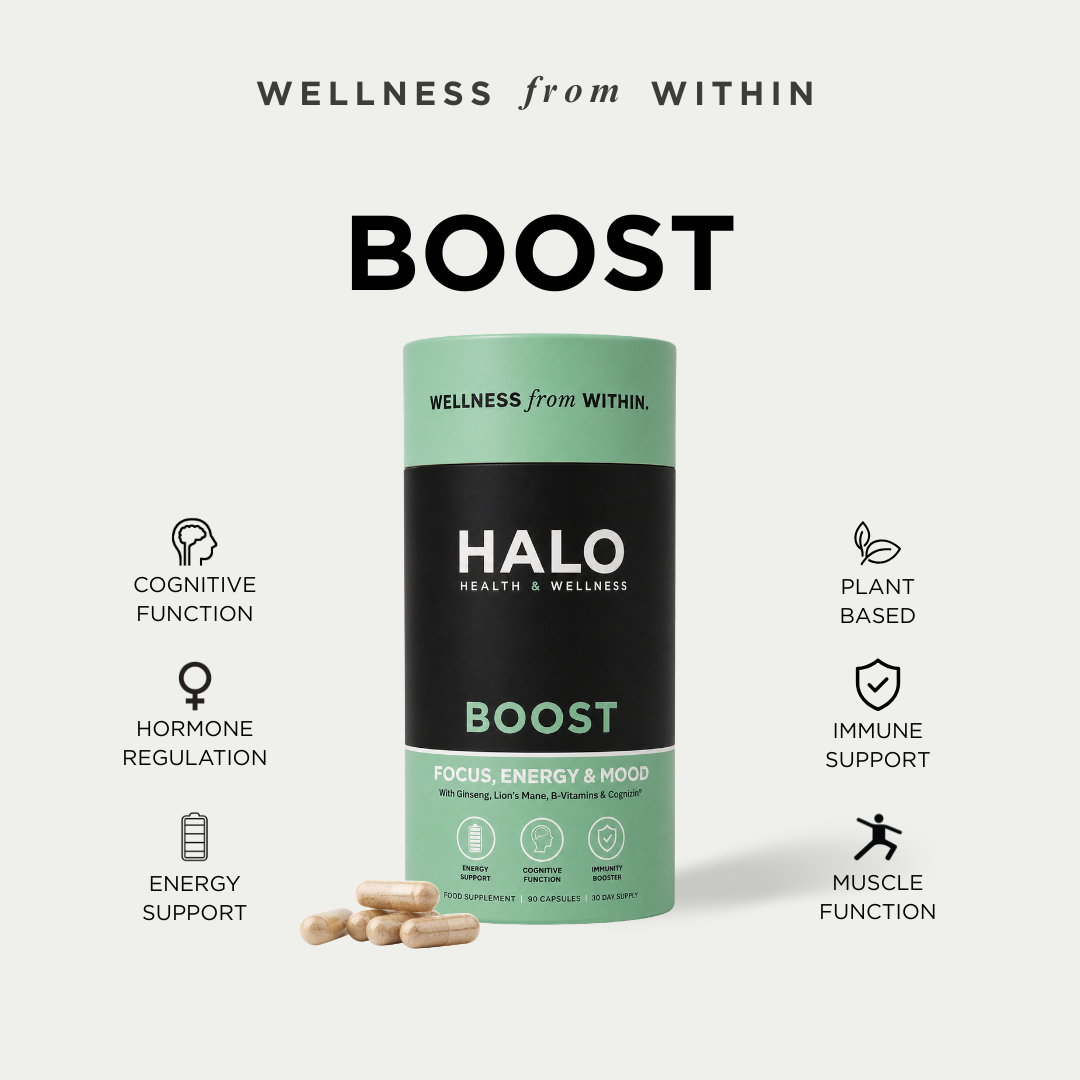 HALO Health & Wellness Boost supplement container with pills on a white background