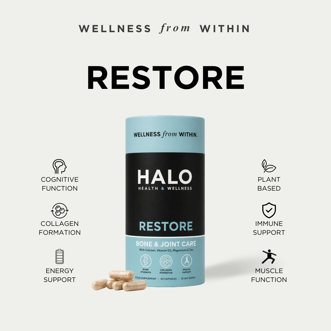 Halo Health & Wellness Restore supplement container with text on a white background