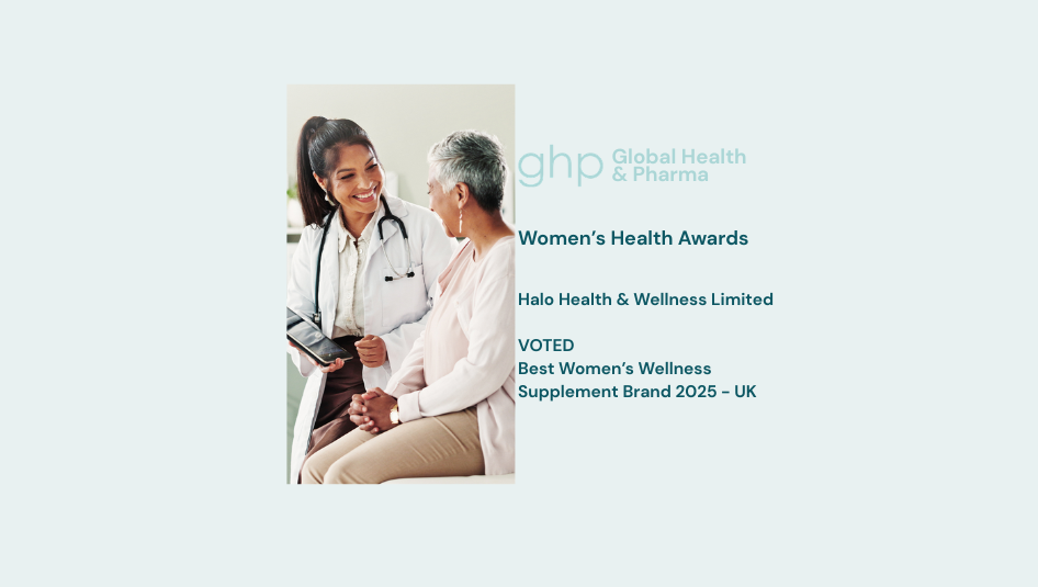 A promotional graphic on a pale blue background featuring a small inset photo of a doctor and patient, alongside text reading 'ghp Global Health & Pharmacy Women's Health Awards Halo Health & Wellness Limited VOTED Best Women's Wellness Supplement Brand 2025 - UK'.