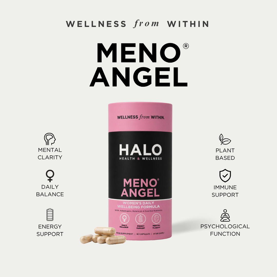 HALO Meno Angel supplement container with pink and black design on a white background