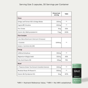 Nutritional label for a supplement with serving size and container details, featuring the Halo Boost product.