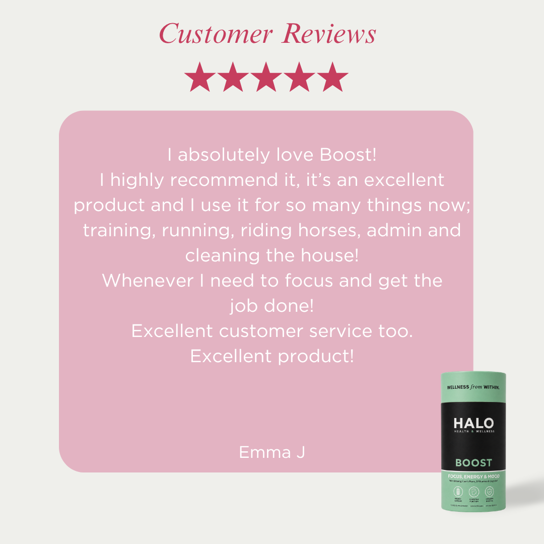 Product review card with five-star rating and customer feedback for HALO Boost on a pink background.