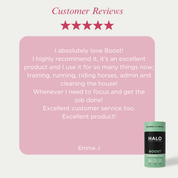 Product review card with five-star rating and customer feedback for HALO Boost on a pink background.