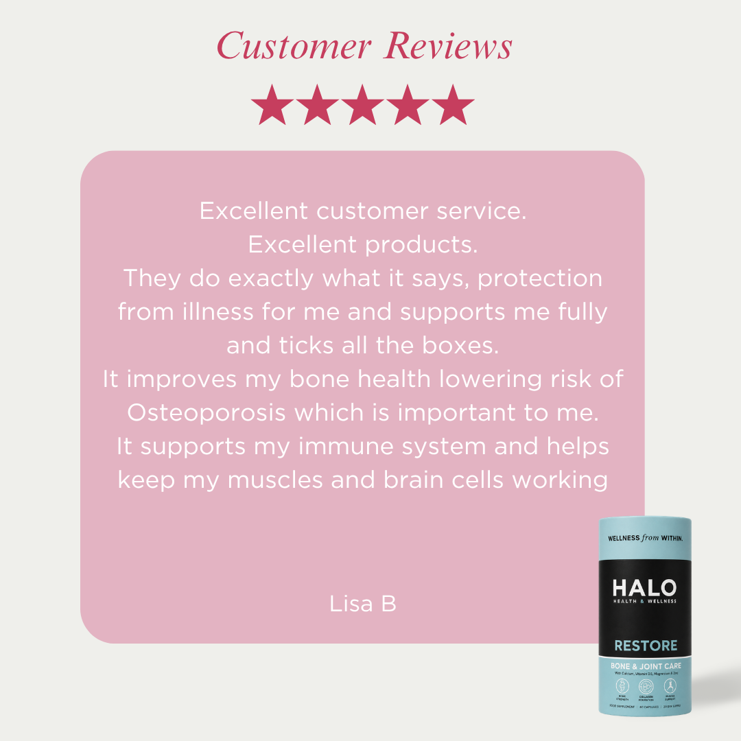 Five-star customer review for a product with a pink background and Halo Restore supplement visible.