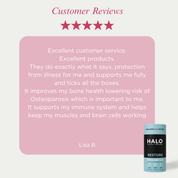 Five-star customer review for a product with a pink background and Halo Restore supplement visible.