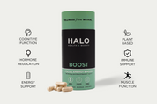 HALO Boost supplement container with wellness benefits listed 
