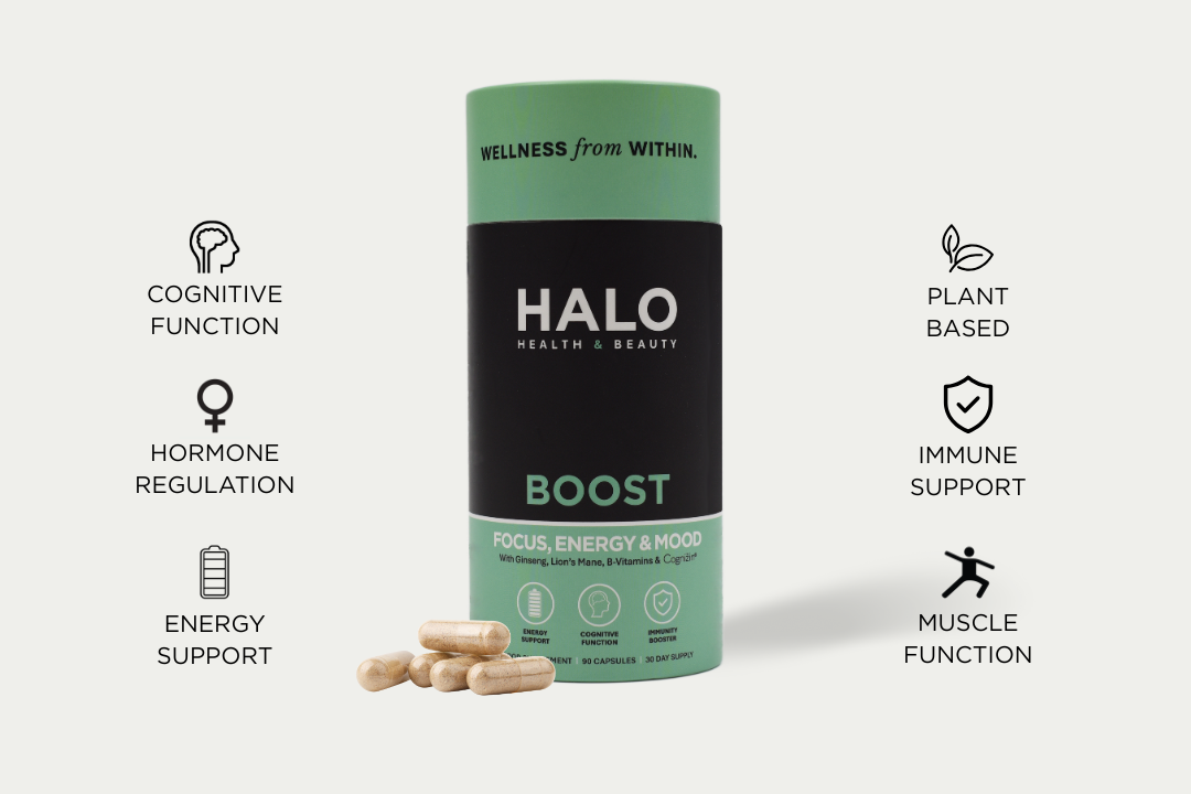 HALO Boost supplement container with wellness benefits listed 