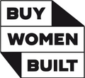 Black and white graphic with text 'BUY WOMEN BUILT' on a white background