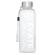 Clear water bottle with silver cap and tassel, featuring 'Elevate Hydration' text.