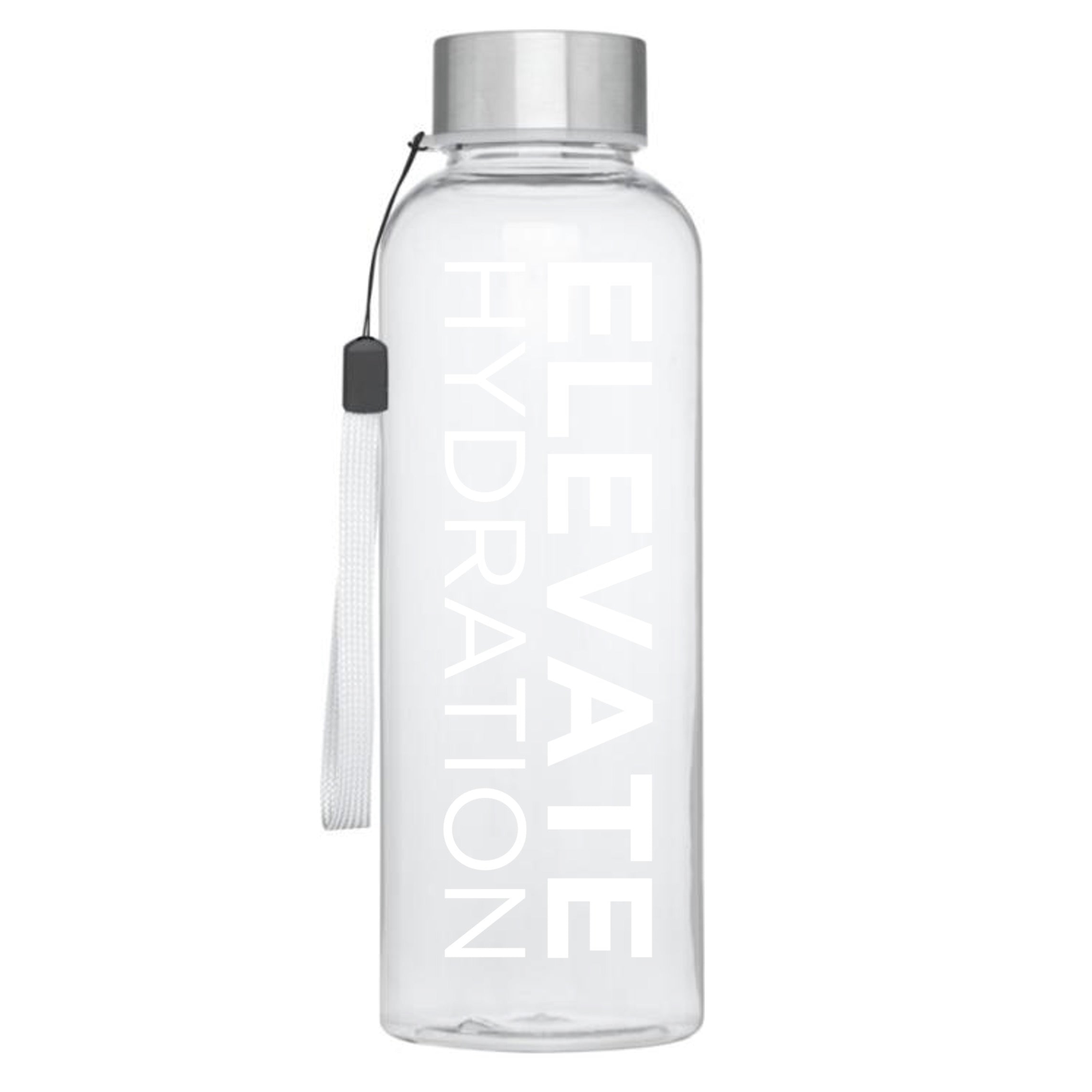 Clear water bottle with silver cap and tassel, featuring 'Elevate Hydration' text.