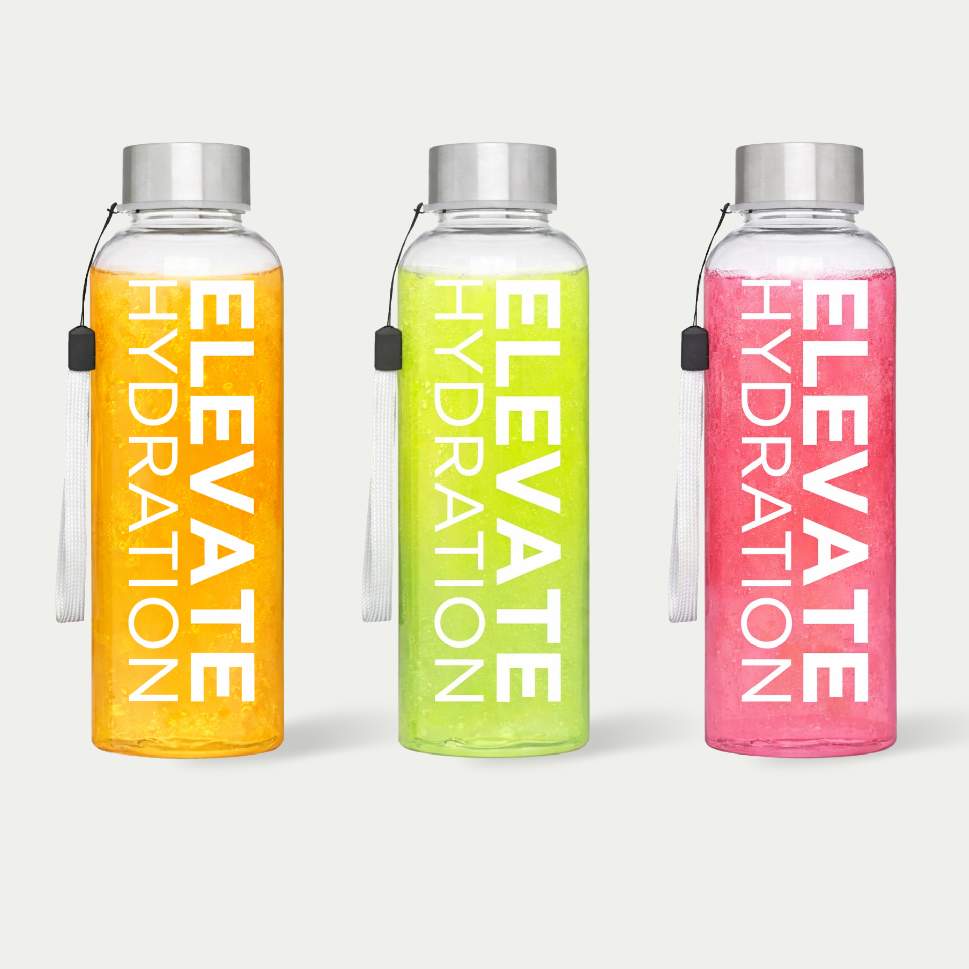 Three colorful water bottles with 'Elevate Hydration' text on a white background