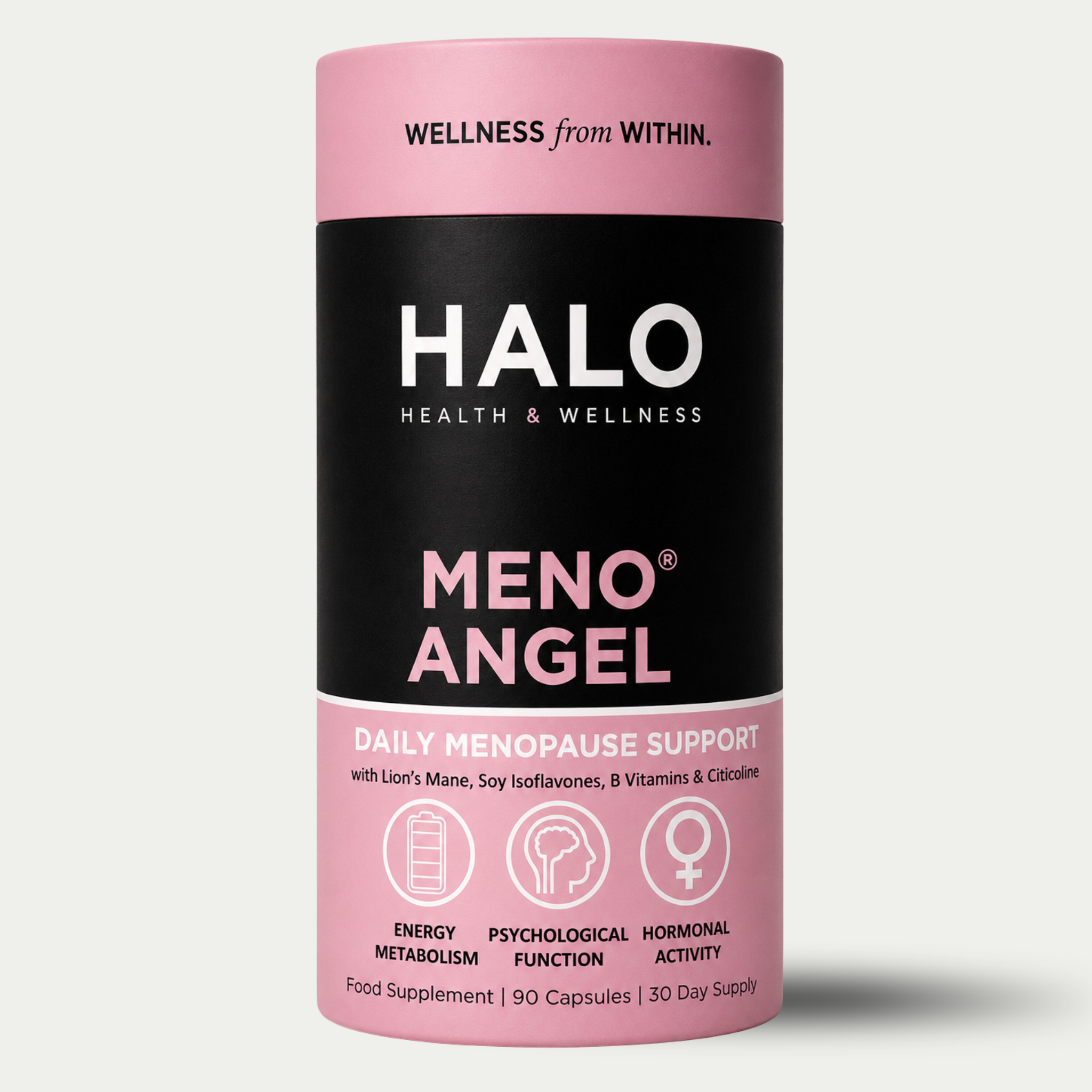 Halo Health and Wellness - MENO ANGEL Daily Menopause Support for Peri-menopause, Menopause and Post Menopause with Lion's Mane, Soy Isoflavones, B Vitamins and Citicoline. Created to support Energy Metabolism, Psychologic Function and Hormonal Activity. Food Supplement - 90 Capsules - 30 Day Supply.