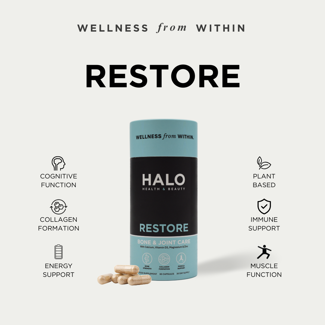 HALO Restore supplement container with benefits 