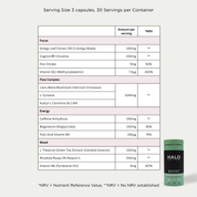 Nutritional label for a supplement with Halo Boost container on a white background