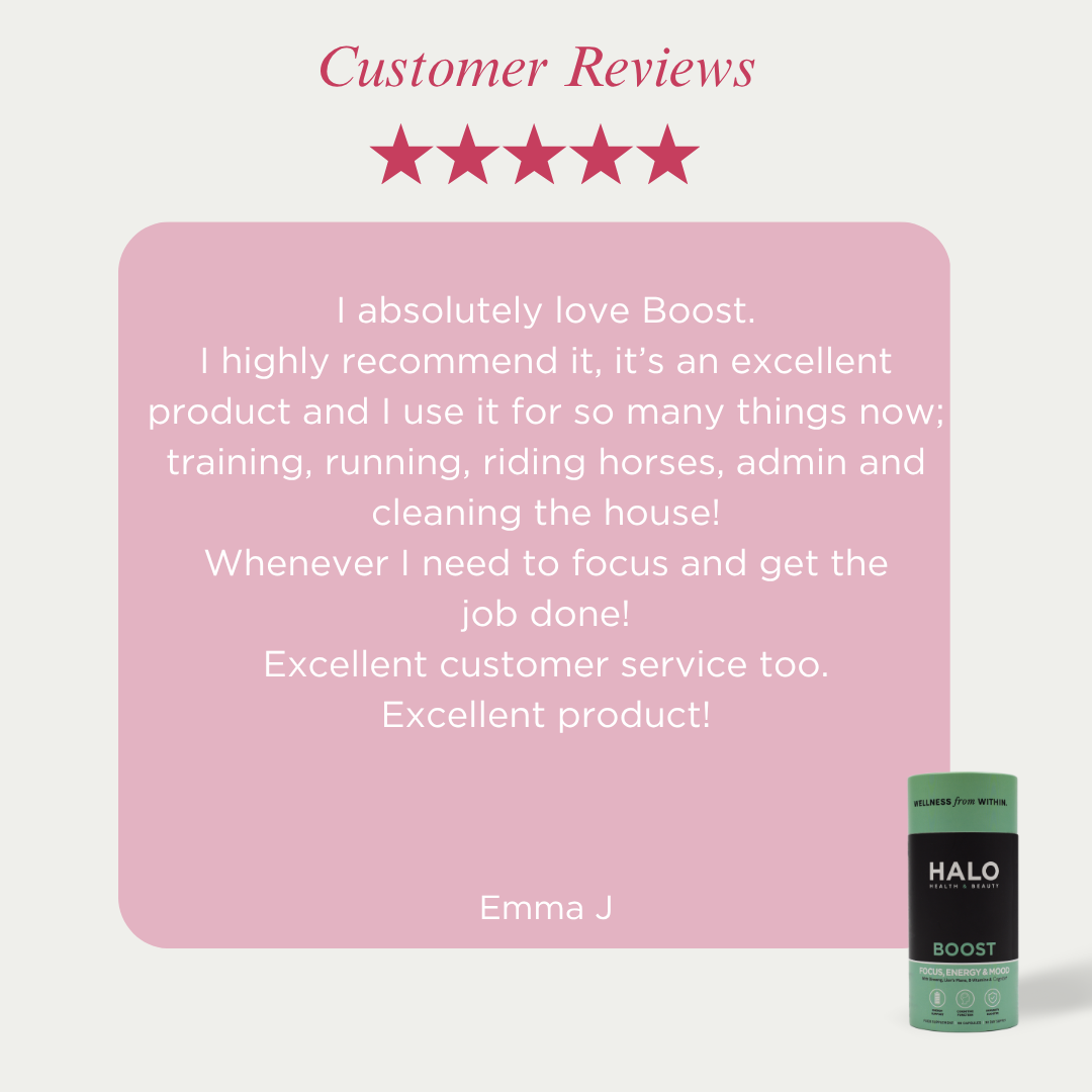 Product review card with five-star rating and customer feedback for Halo Boost on a pink background