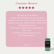 Product review card with five-star rating and customer feedback for Halo Boost on a pink background
