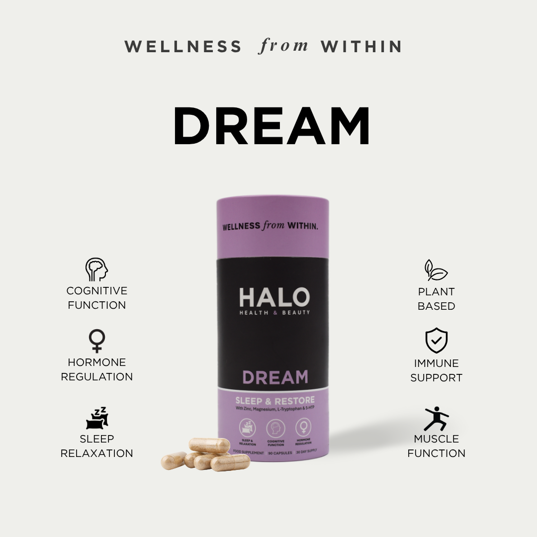Halo Dream supplement container with purple and black design on a white background