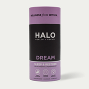 Halo supplement container with purple and black design on a white background