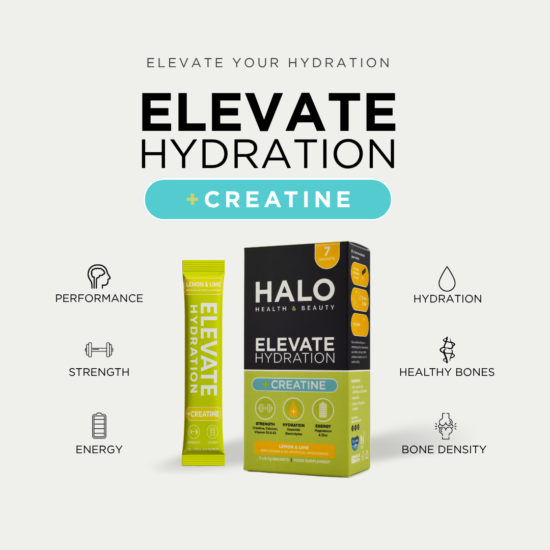 HALO health and beauty product packaging with text 'Elevate Hydration + Creatine'.