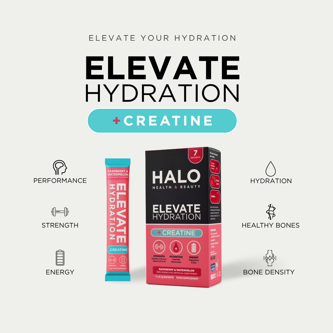 HALO Elevate Hydration Creatine package with promotional text.