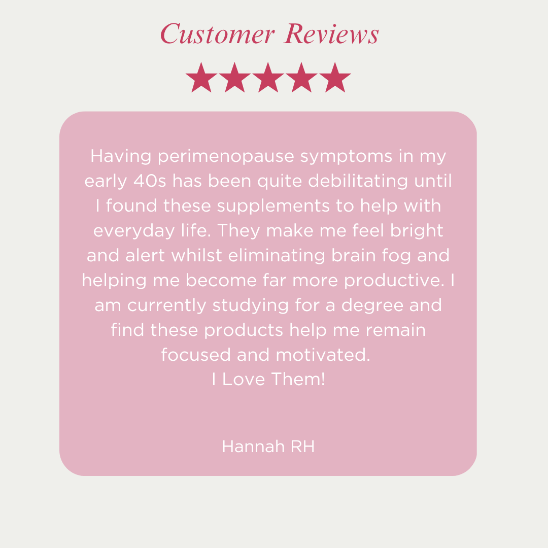 Five-star rating with a customer review on a pink background