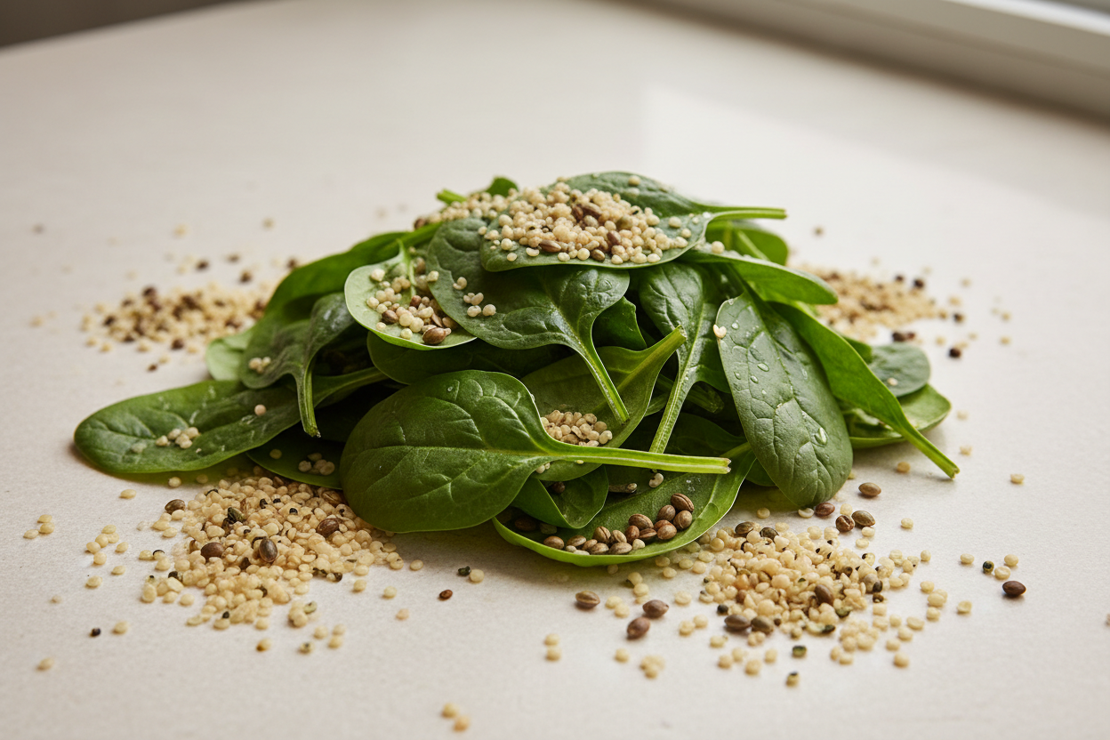 photograph of spinach and quinoa and hemp seeds that contain the essential nutrient zinc