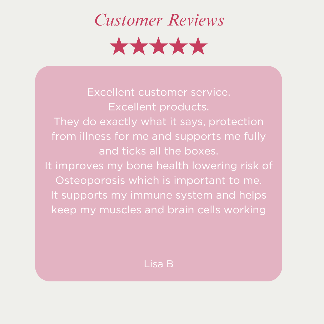 Five-star customer review on a pink background with text praising product effectiveness and customer service.
