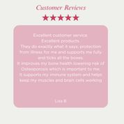 Five-star customer review on a pink background with text praising product effectiveness and customer service.