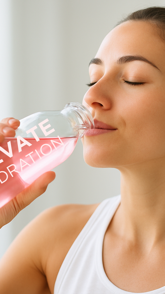 Woman drinking from a pink 'Elevate Hydration' bottle.